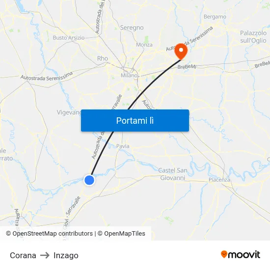 Corana to Inzago map