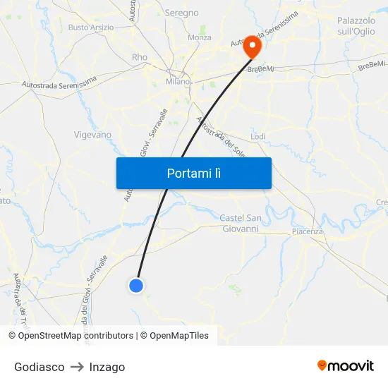 Godiasco to Inzago map