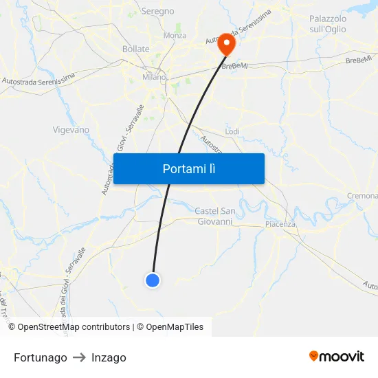 Fortunago to Inzago map