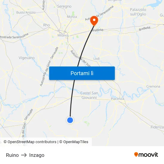 Ruino to Inzago map