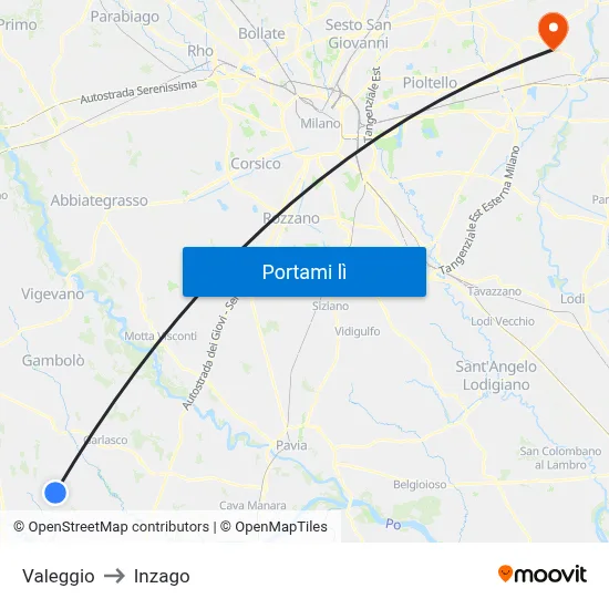Valeggio to Inzago map