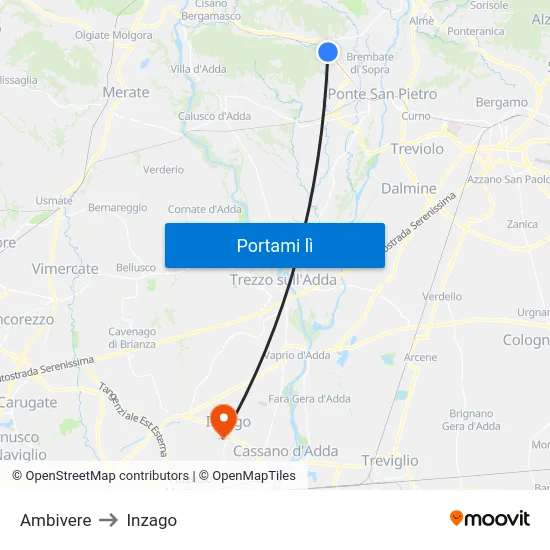 Ambivere to Inzago map