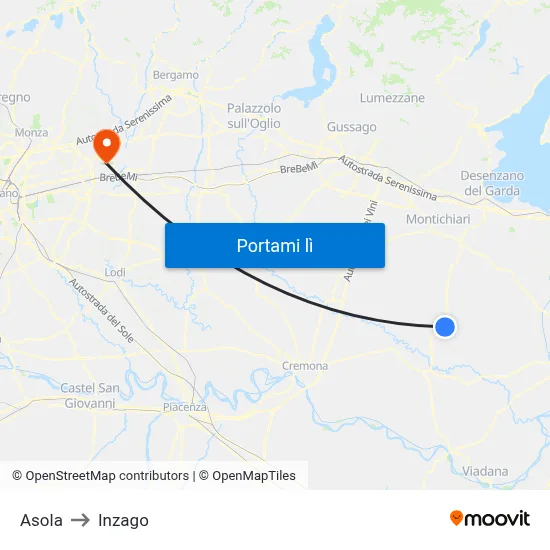 Asola to Inzago map