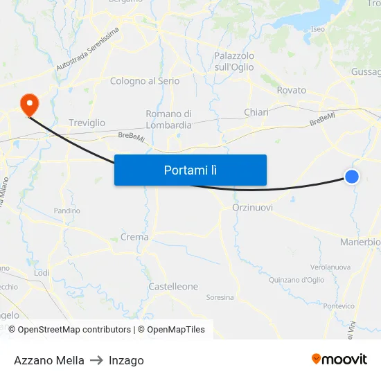 Azzano Mella to Inzago map