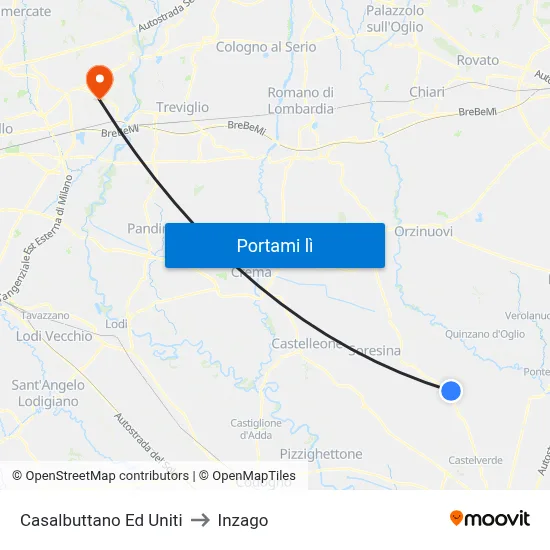 Casalbuttano Ed Uniti to Inzago map