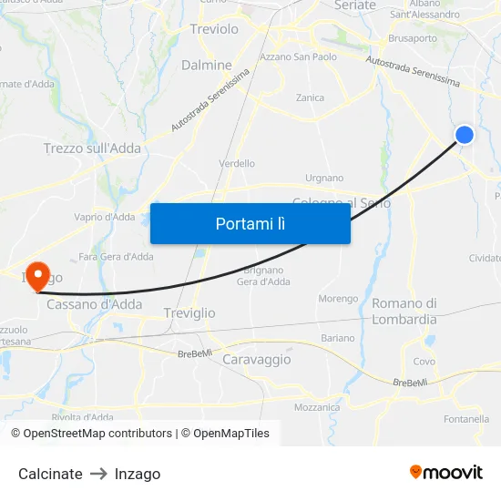 Calcinate to Inzago map