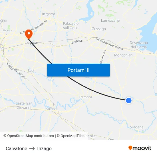 Calvatone to Inzago map
