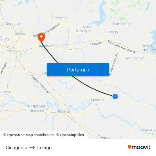 Cicognolo to Inzago map