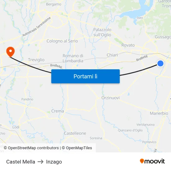 Castel Mella to Inzago map