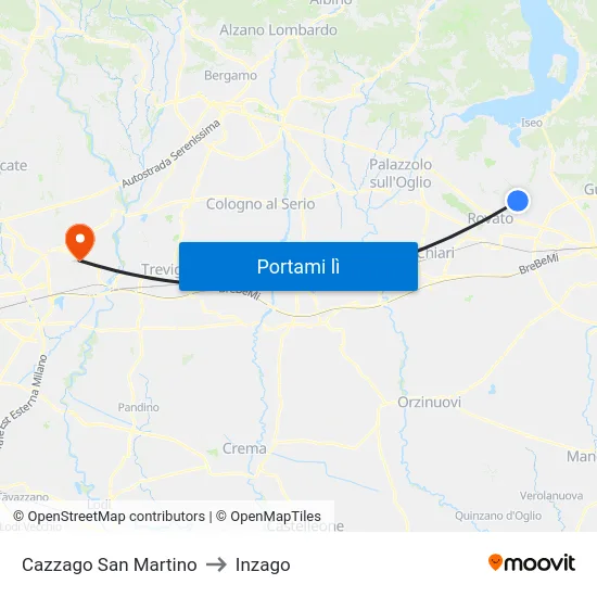 Cazzago San Martino to Inzago map