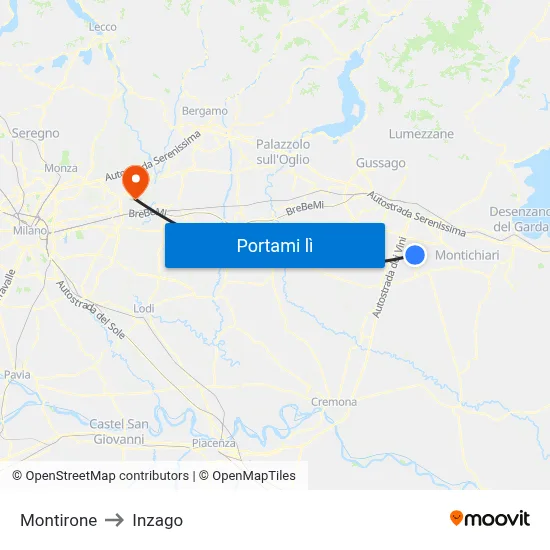 Montirone to Inzago map
