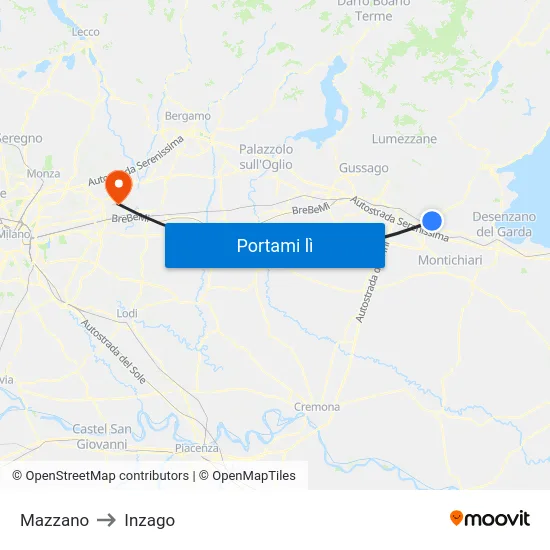 Mazzano to Inzago map