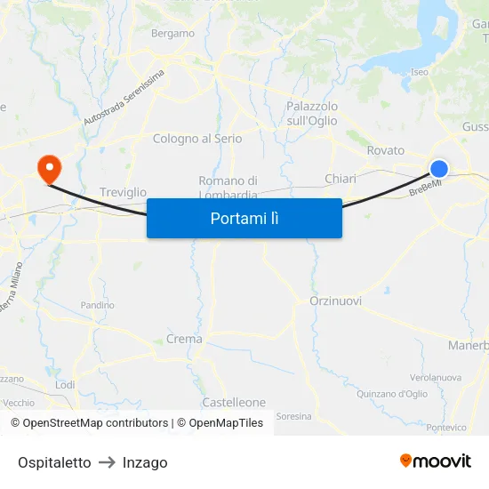 Ospitaletto to Inzago map