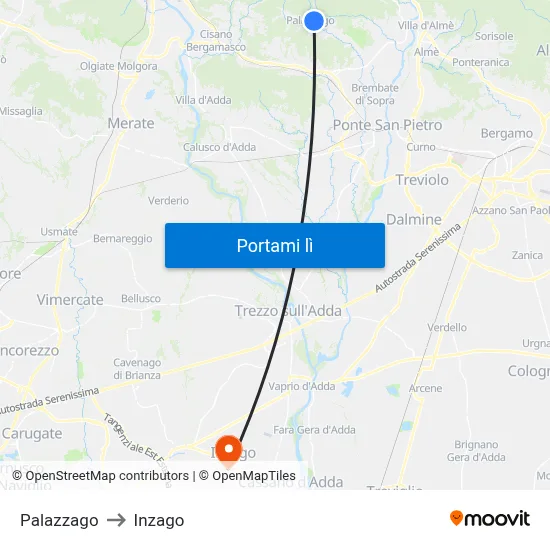 Palazzago to Inzago map