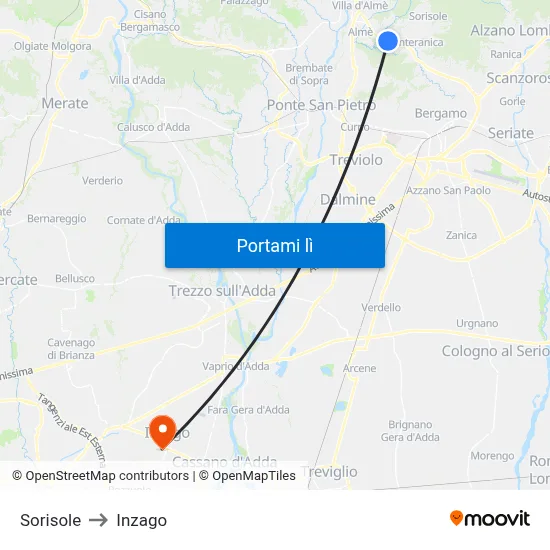 Sorisole to Inzago map