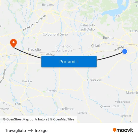 Travagliato to Inzago map
