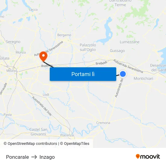 Poncarale to Inzago map