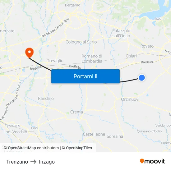 Trenzano to Inzago map
