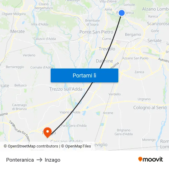 Ponteranica to Inzago map