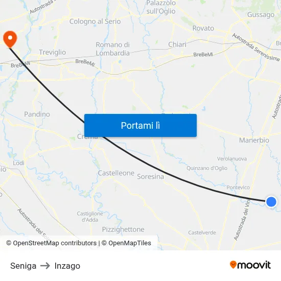 Seniga to Inzago map