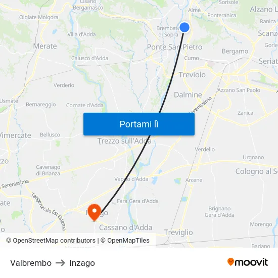 Valbrembo to Inzago map