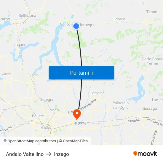 Andalo Valtellino to Inzago map
