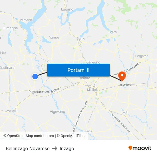 Bellinzago Novarese to Inzago map