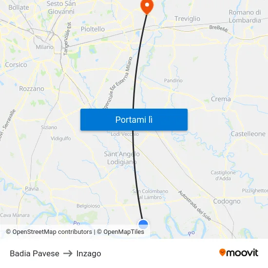 Badia Pavese to Inzago map