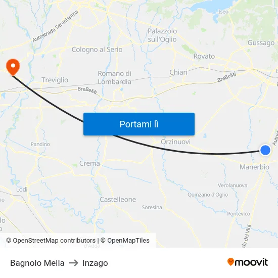 Bagnolo Mella to Inzago map