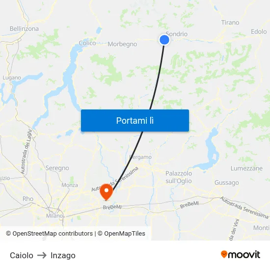 Caiolo to Inzago map