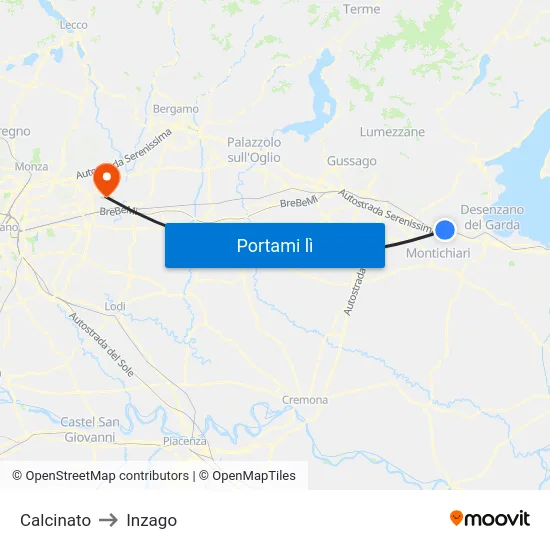 Calcinato to Inzago map