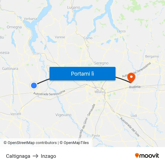 Caltignaga to Inzago map