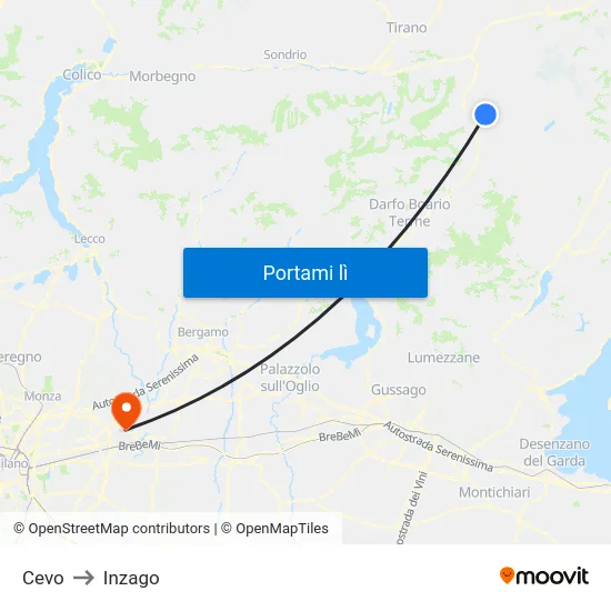 Cevo to Inzago map