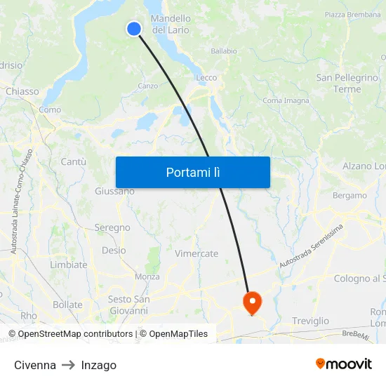 Civenna to Inzago map