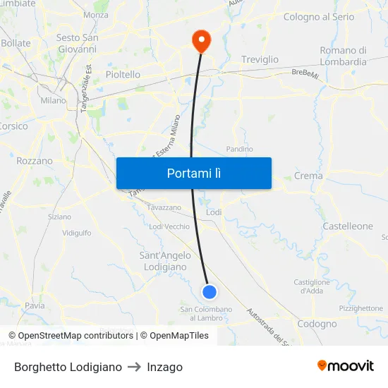 Borghetto Lodigiano to Inzago map