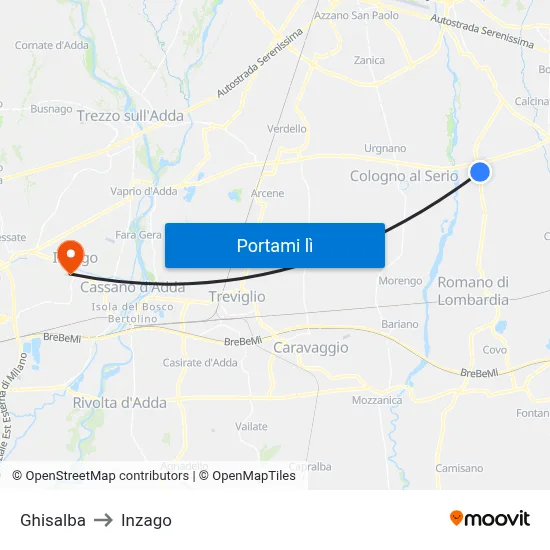 Ghisalba to Inzago map