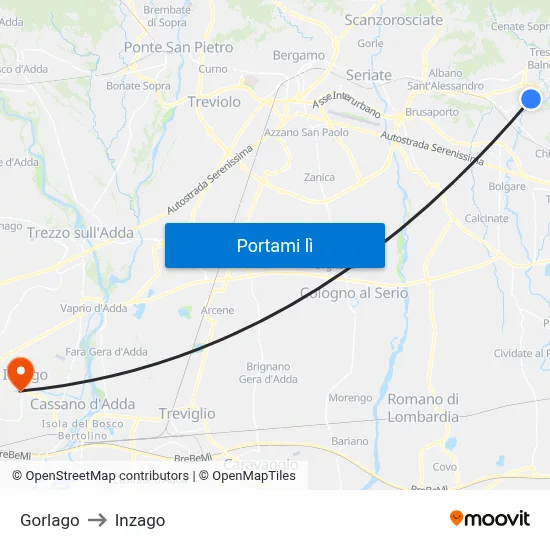 Gorlago to Inzago map