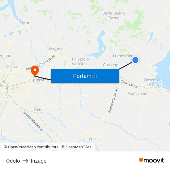 Odolo to Inzago map