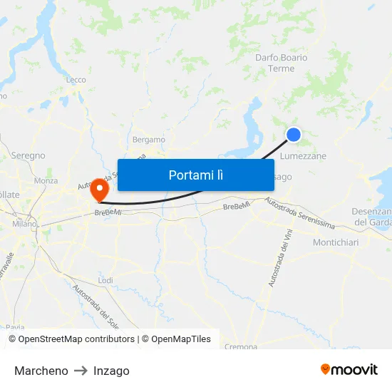 Marcheno to Inzago map