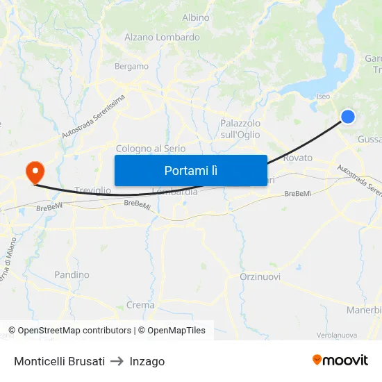 Monticelli Brusati to Inzago map