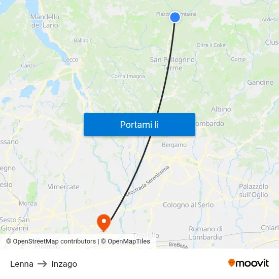 Lenna to Inzago map