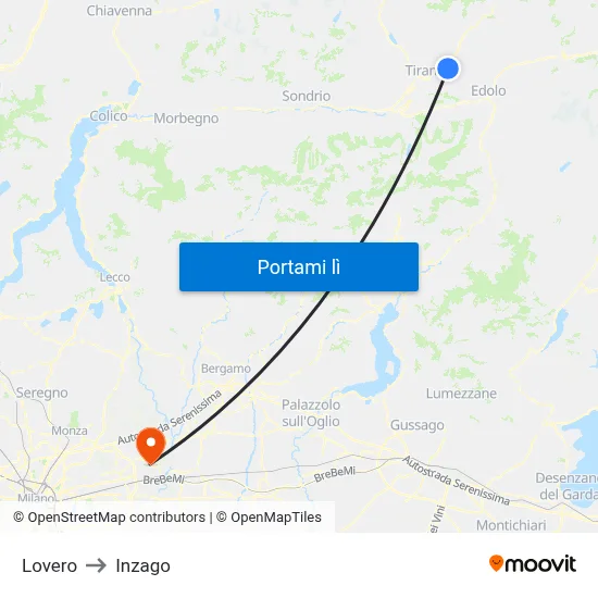 Lovero to Inzago map