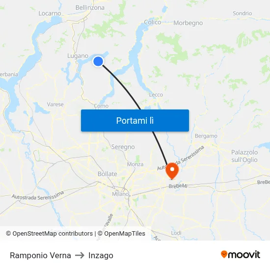 Ramponio Verna to Inzago map