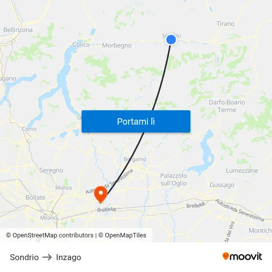 Sondrio to Inzago map