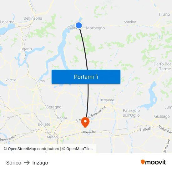 Sorico to Inzago map