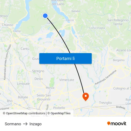 Sormano to Inzago map