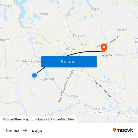 Tornaco to Inzago map