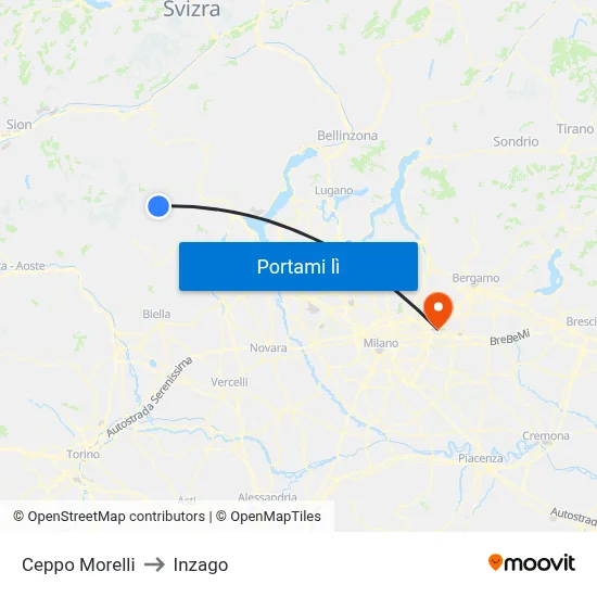 Ceppo Morelli to Inzago map