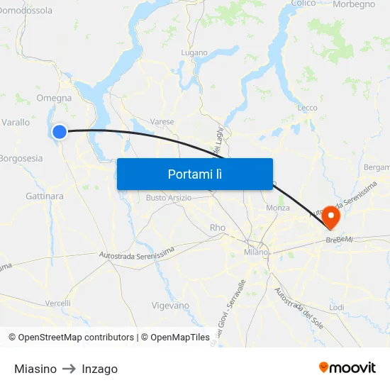 Miasino to Inzago map