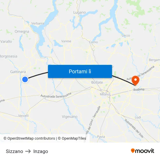 Sizzano to Inzago map